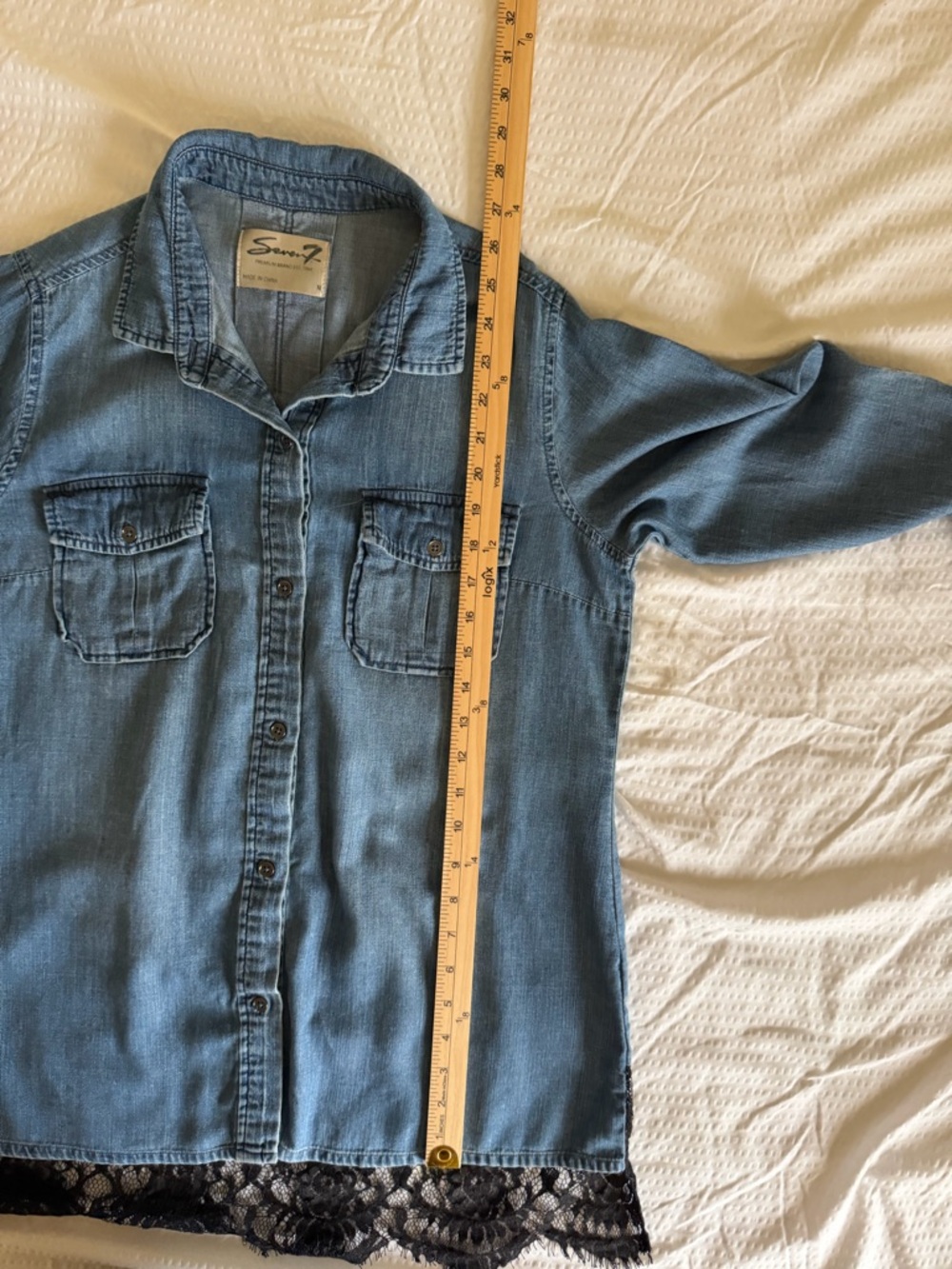 Seven7 chambray Light Blue Button-Down Shirt with Black Lace Trim - Picture 8 of 9